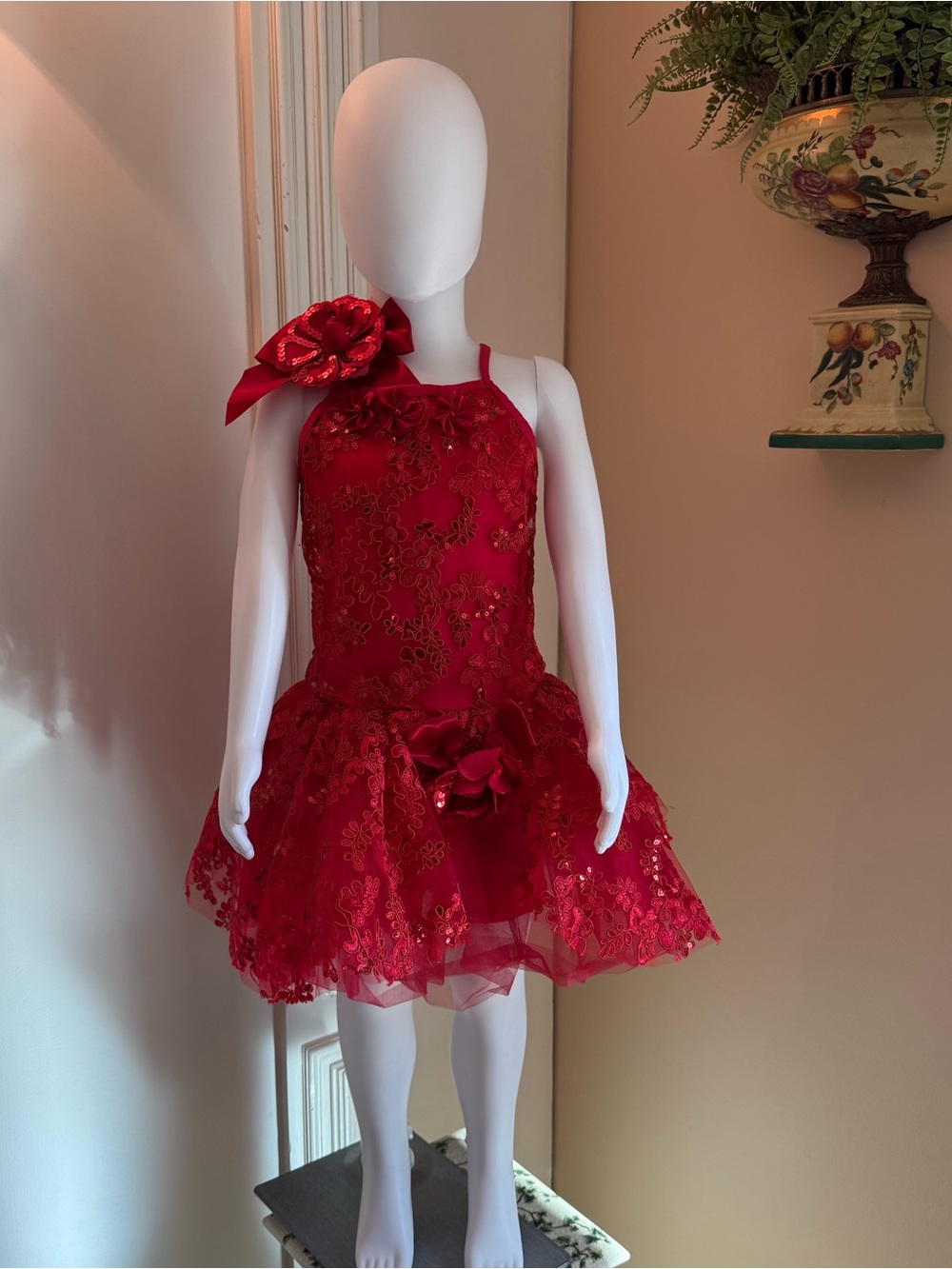 Gracie Red Floral Sequin Dance Costume Dress Large Child LC w/ Hair Flower
